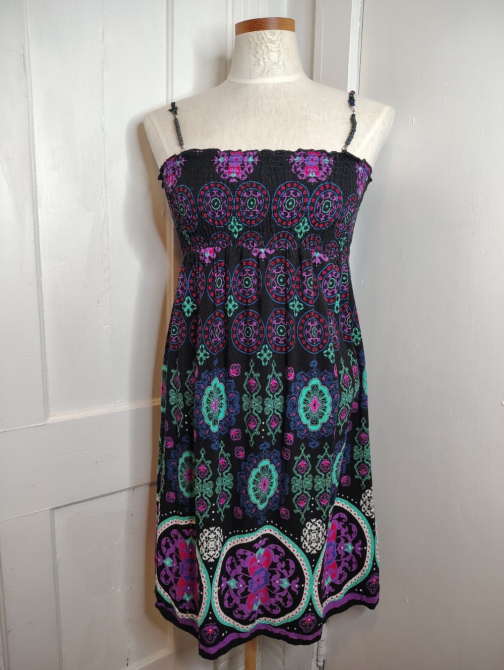 Xhilaration Spaghetti Strap Ruched Fit & Flare Dress Bohemian Print Womens M